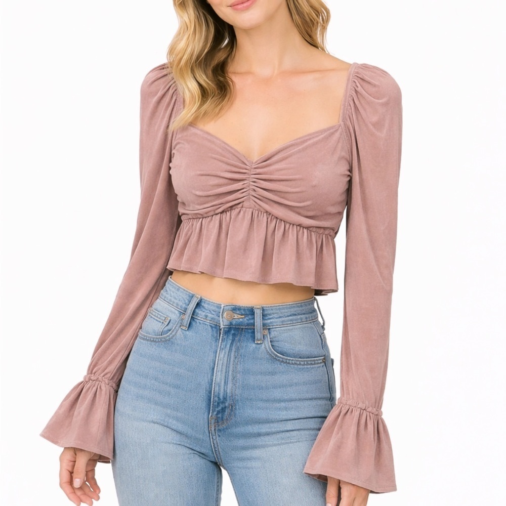 Anthropologie Sage the Label Mauve Smocked Long Sleeve Cropped Blouse – Small